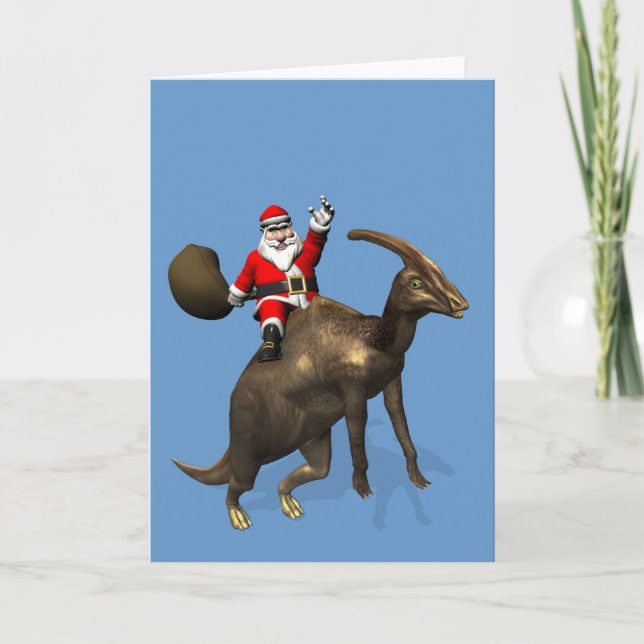 Santa Claus Riding On Dinosaur Holiday Card (Front)