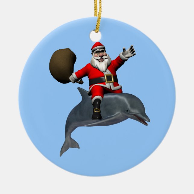 Santa Claus Riding On Dolphin Ceramic Ornament (Front)