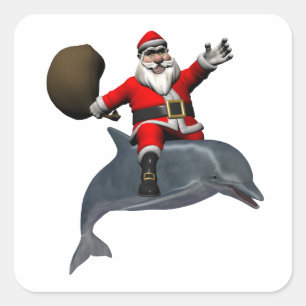 Santa Claus Riding On Dolphin Square Sticker