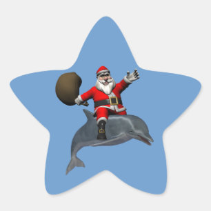 Santa Claus Riding On Dolphin Star Sticker