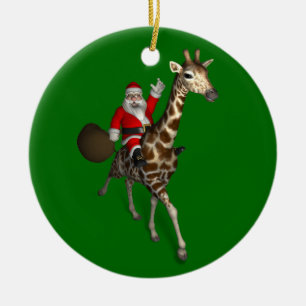 Santa Claus Riding On Giraffe Ceramic Ornament