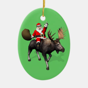 Santa Claus Riding On Moose Ceramic Ornament