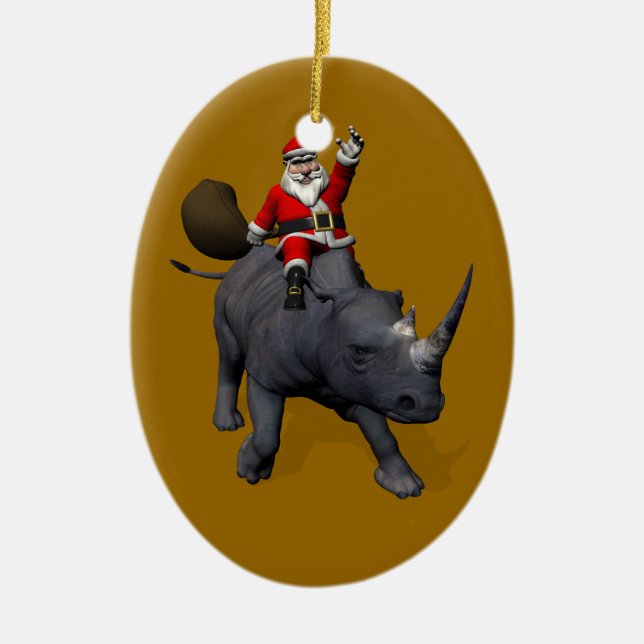 Santa Claus Riding On Rhinoceros Ceramic Ornament (Front)