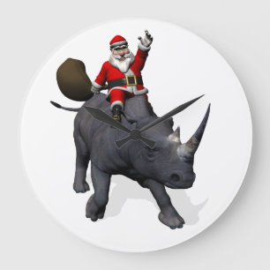 Santa Claus Riding On Rhinoceros Rhino Large Clock