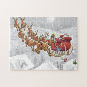 Santa Claus riding on sleigh with gift box Jigsaw Puzzle