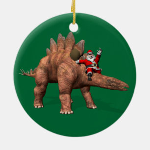 Santa Claus Riding On Stegosaurus Ceramic Ornament