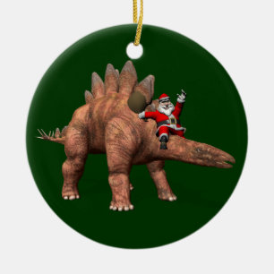 Santa Claus Riding On Stegosaurus Ceramic Ornament