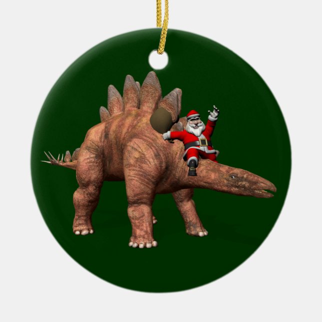 Santa Claus Riding On Stegosaurus Ceramic Ornament (Front)