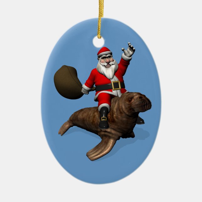 Santa Claus Riding On Walrus Ceramic Ornament (Front)