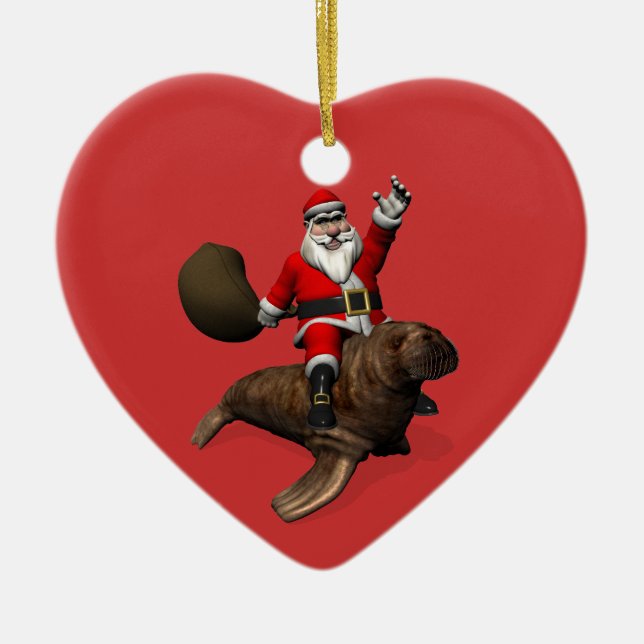 Santa Claus Riding On Walrus Ceramic Ornament (Front)