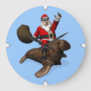 Santa Claus Riding On Walrus Large Clock