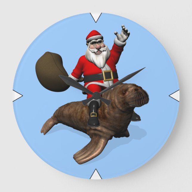 Santa Claus Riding On Walrus Large Clock (Front)