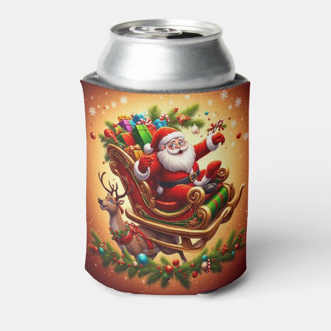 Santa Claus Riding Sleigh with a Reindeer Can Cooler (Can Back)