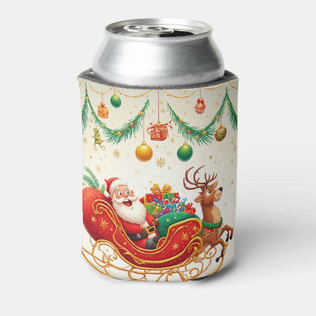Santa Claus Riding Sleigh with a Reindeer Can Cooler (Can Back)