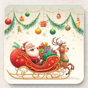Santa Claus Riding Sleigh with a Reindeer Coaster
