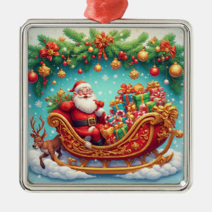 Santa Claus Riding Sleigh with a Reindeer Metal Ornament