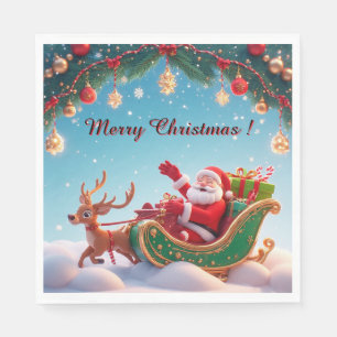 Santa Claus Riding Sleigh with a Reindeer Napkin
