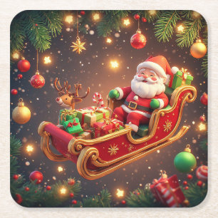 Santa Claus Riding Sleigh with a Reindeer Square Paper Coaster