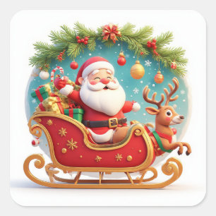 Santa Claus Riding Sleigh with a Reindeer Square Sticker