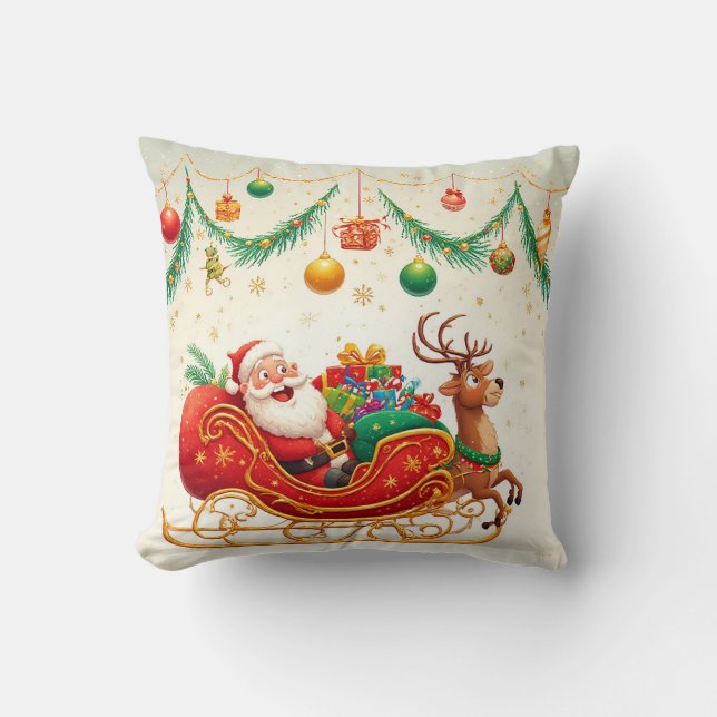 Santa Claus Riding Sleigh with a Reindeer Throw Pillow (Front)