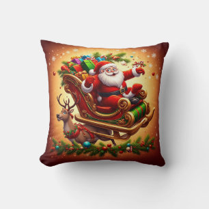 Santa Claus Riding Sleigh with a Reindeer Throw Pillow