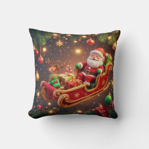 Santa Claus Riding Sleigh with a Reindeer Throw Pillow