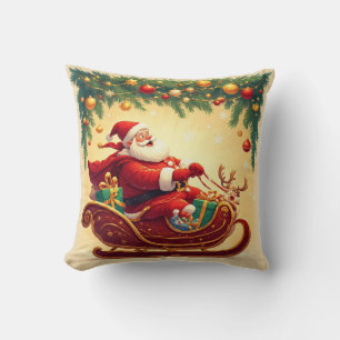 Santa Claus Riding Sleigh with a Reindeer Throw Pillow