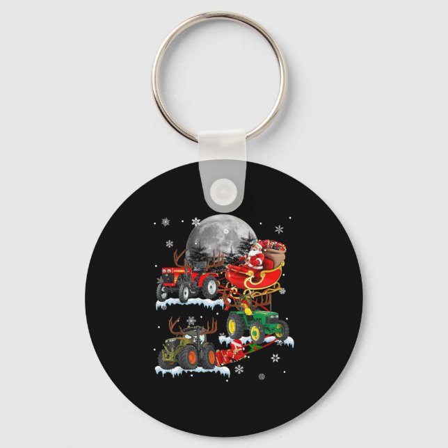 Santa Claus Riding Tractor Sleigh Christmas Tracto Keychain (Front)