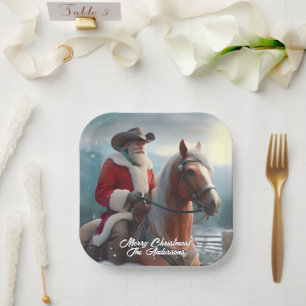 Santa Claus Riding Western Christmas Paper Plate