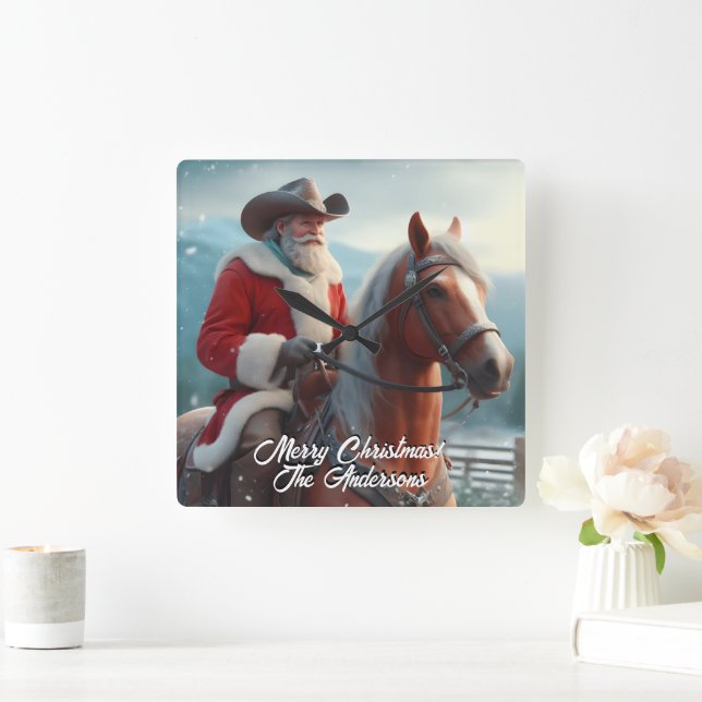 Santa Claus Riding Western Christmas Square Wall Clock (Home)