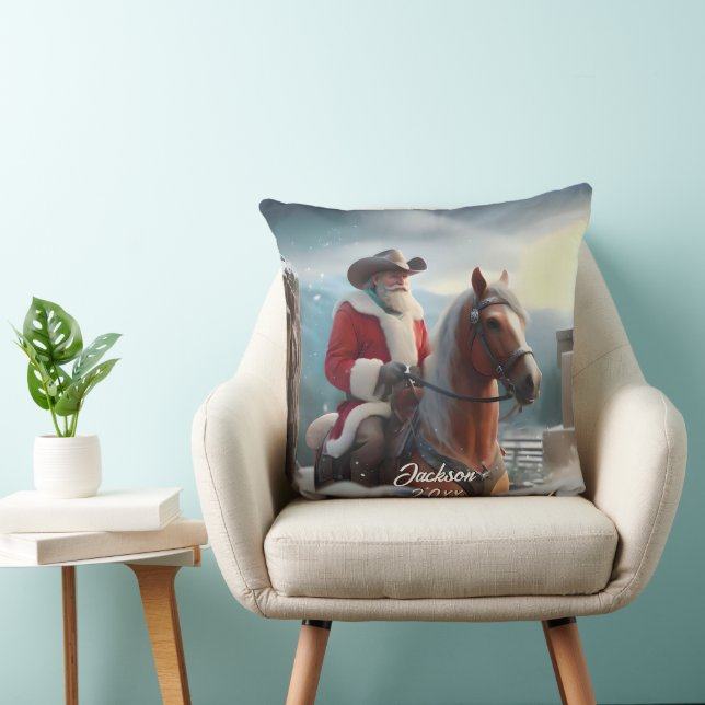 Santa Claus Riding Western Christmas Throw Pillow (Chair)