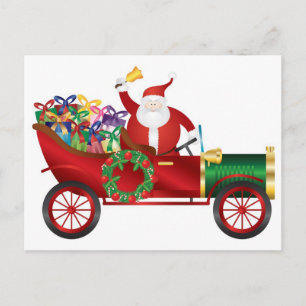 Santa Claus Ringing Bell in Vintage Car Postcard