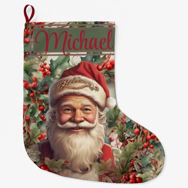 Santa Claus Saint Nicholas Christmas  Large Christmas Stocking (Front)