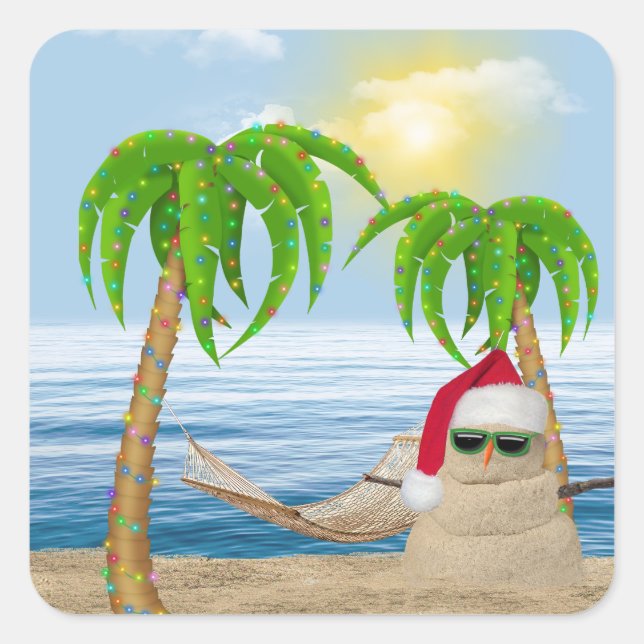 Santa Claus Sandman On Tropical Beach Square Sticker (Front)