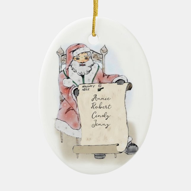 Santa Claus Scroll Naughty Nice List Personalized  Ceramic Ornament (Front)