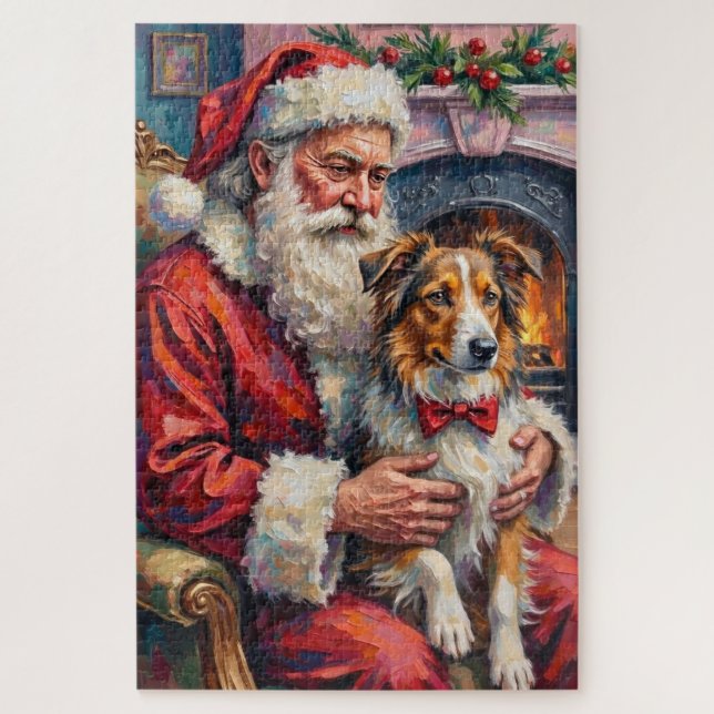 Santa Claus Shetland Sheepdog Christmas Art Jigsaw Puzzle (Vertical)