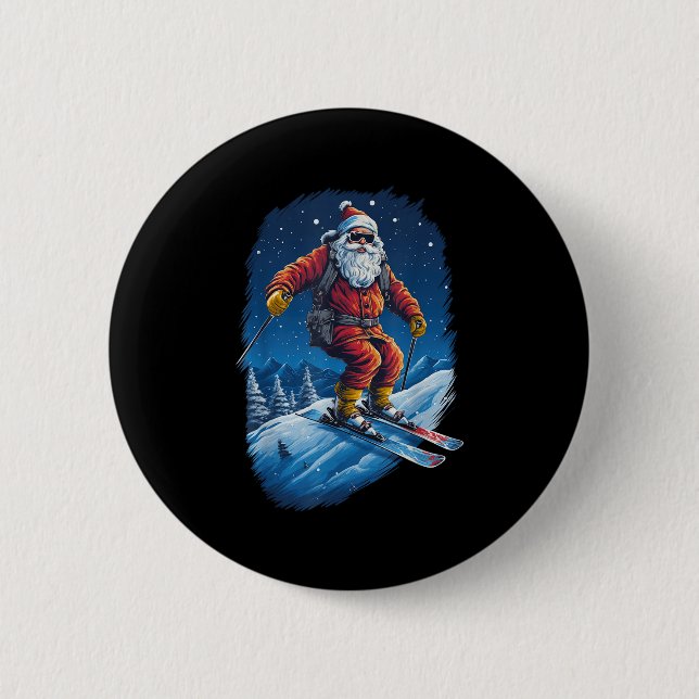 Santa Claus Shredding The Slopes Santa Skiing Chri 2 Inch Round Button (Front)