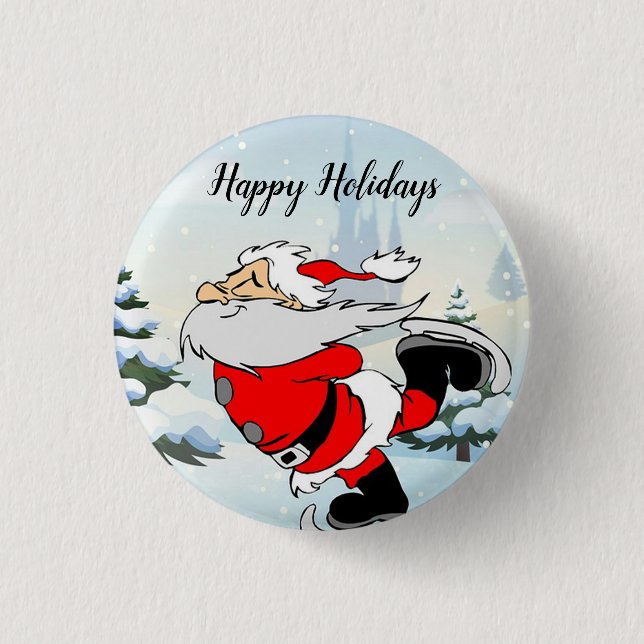 Santa Claus Skate On Ice Snow 1 Inch Round Button (Front)