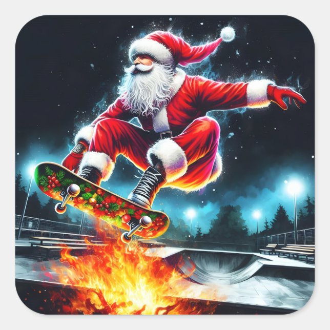 Santa Claus Skateboarding in a Winter Skate Park Square Sticker (Front)