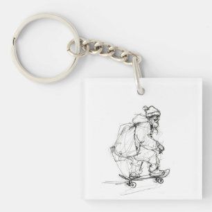 Santa Claus Skateboarding with Presents Keychain