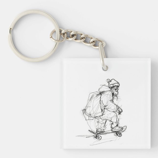 Santa Claus Skateboarding with Presents Keychain (Front)
