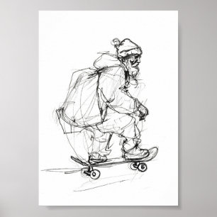 Santa Claus Skateboarding with Presents Poster