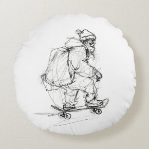 Santa Claus Skateboarding with Presents Round Pillow