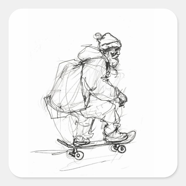 Santa Claus Skateboarding with Presents Square Sticker (Front)