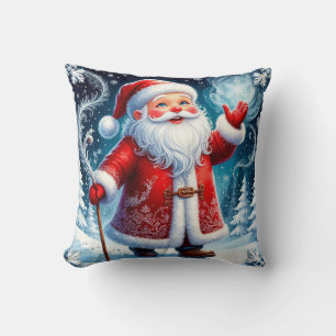 Santa Claus Skating Through Snowy Winter Wonderlan Throw Pillow