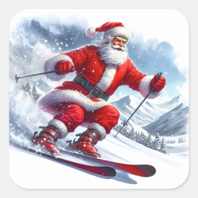Santa Claus Skiing Down a Snowy Mountain Slope Square Sticker (Front)