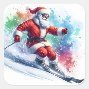 Santa Claus Skiing Down a Snowy Slope in Winter Square Sticker