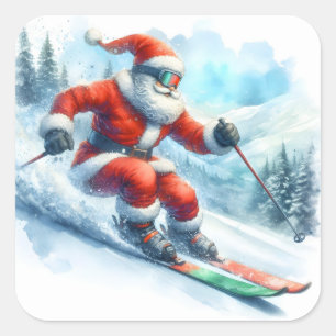 Santa Claus Skiing Down Snowy Mountains in Winter Square Sticker