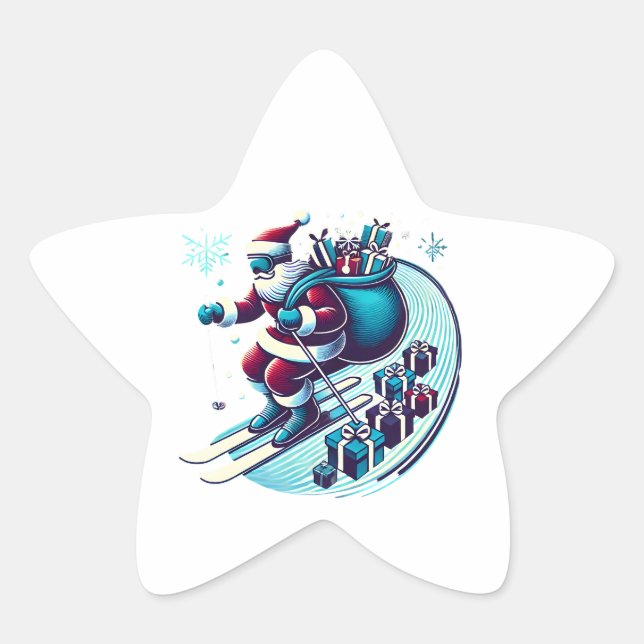 Santa Claus skiing with sack full of colourful gif Star Sticker (Front)