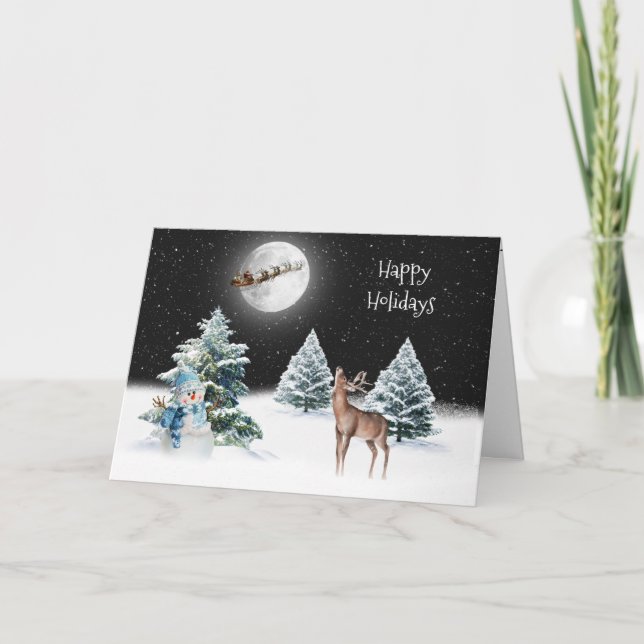 Santa Claus Sleigh and Deer In Moonlight Card (Front)